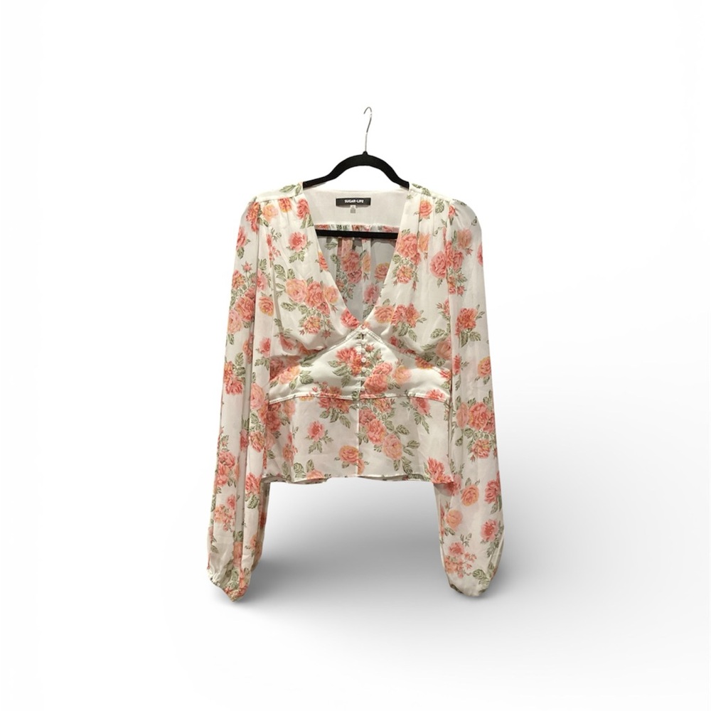 Sugarlips Floral Wrap Blouse - Cream and Pink